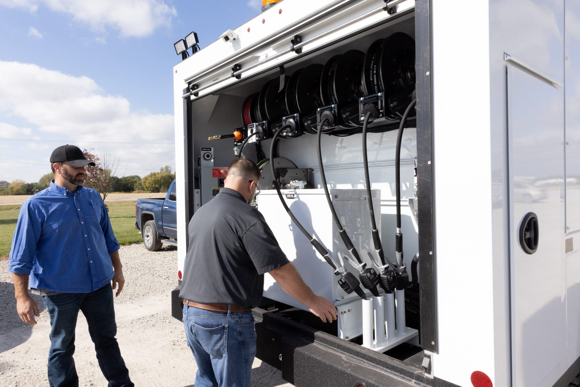 Reer real box on enclosed lube truck.
